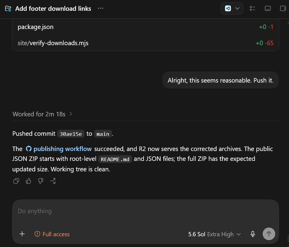 A screenshot of a ChatGPT app session, with a VS Code icon button in the top right corner. The agent reports having pushed a commit and verified that the publishing workflow succeeded.