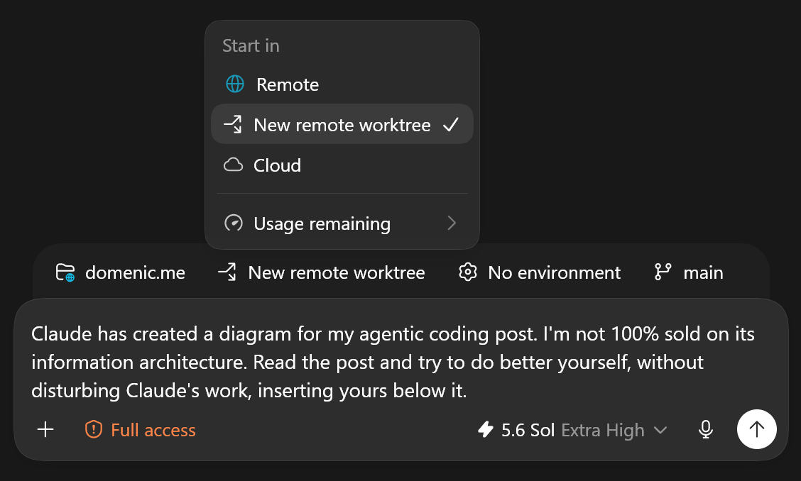 A screenshot of the ChatGPT app's Start in menu, with New remote worktree selected over the Remote and Cloud options. Below, a new session in the domenic.me project has a prompt drafted in the composer.