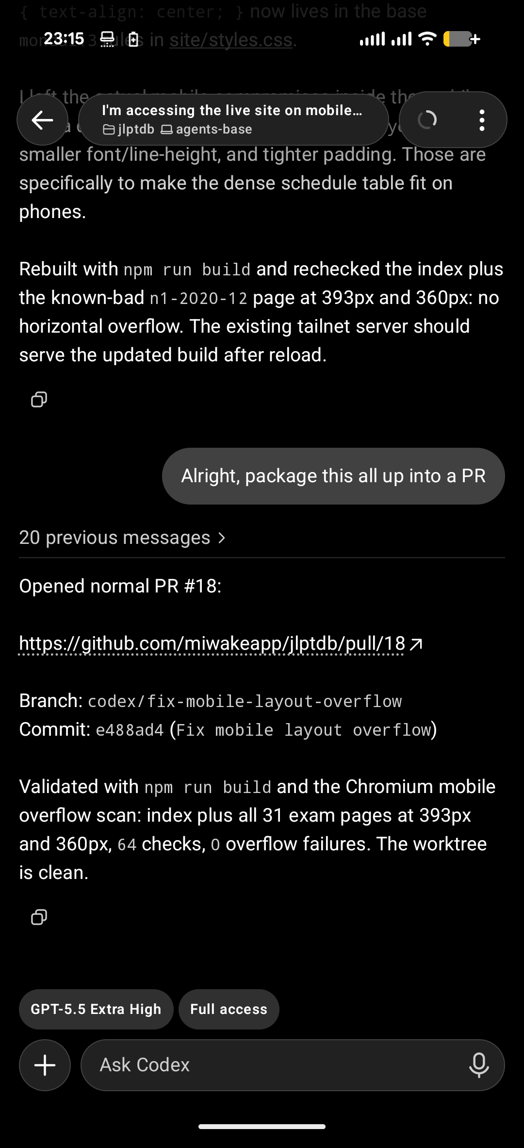 A screenshot of the ChatGPT mobile app, in a session on the agents-base machine. The agent reports validating a mobile layout fix, and after being told to package it all up into a PR, opens a pull request on GitHub.