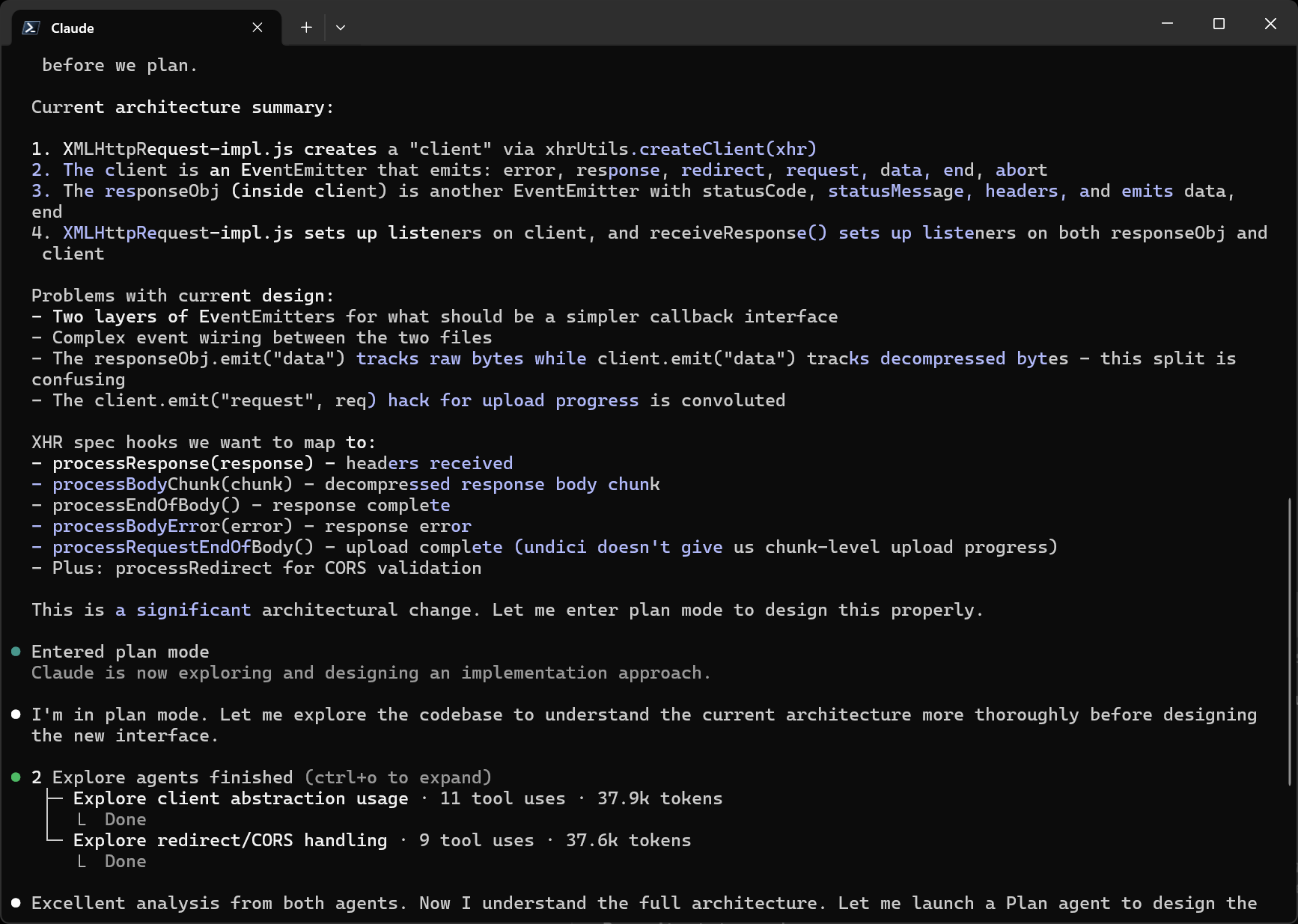 A screenshot of a Claude Code session as it plans a significant XMLHttpRequest refactor.