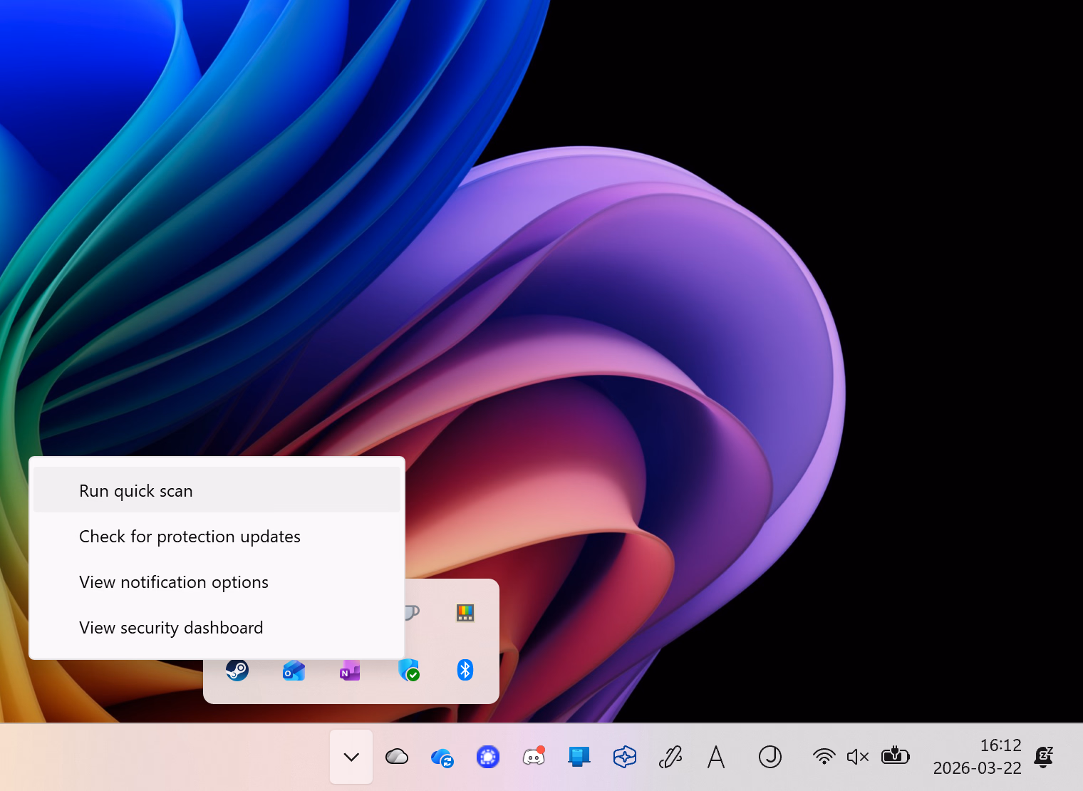 The tray icon context menu for Windows Security